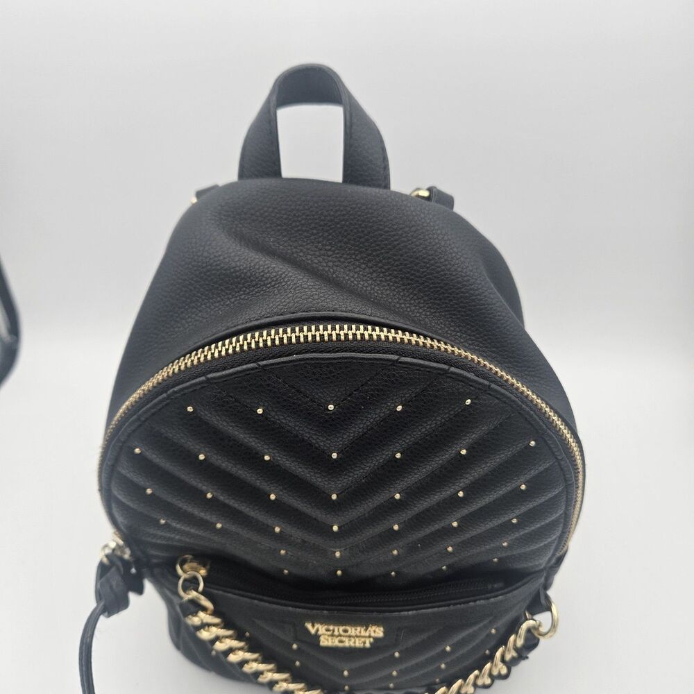 Victoria's Secret V Quilt Mini Backpack Black Gold Chain Studded Bag - Picture 6 of 12